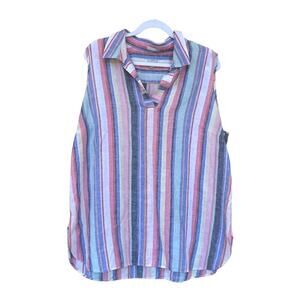 Chico's Striped Popover Top Size 3‎ Sleeveless Linen Rainbow V-Neck Tunic Spring